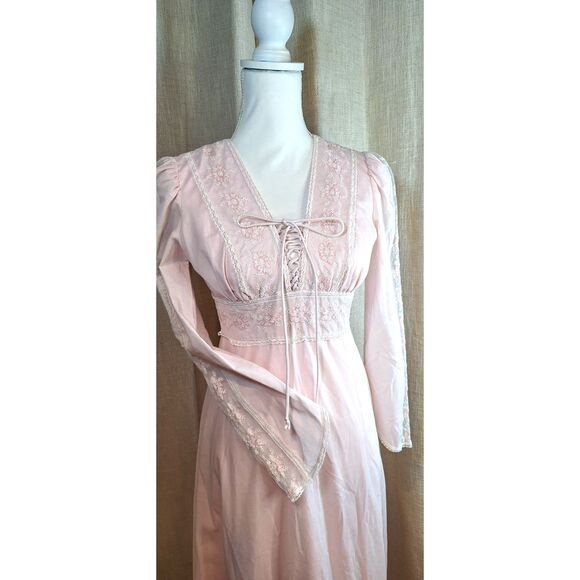70's Pink Corset Dress Vintage Homemade Prairie Style Long Sleeve Maxi - Picture 5 of 13